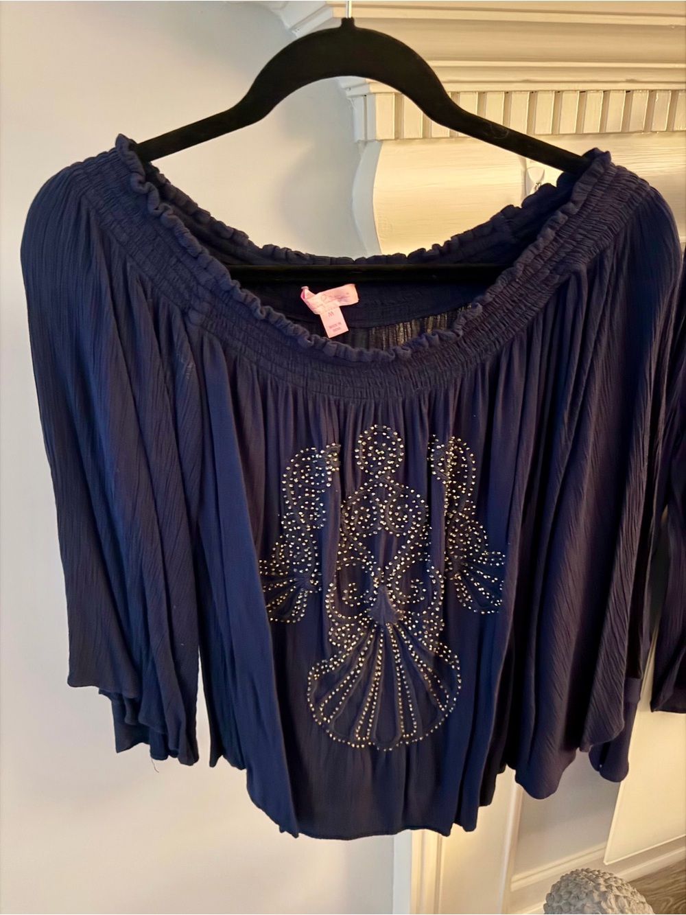 Lilly Pulitzer Navy Off-Shoulder Embellished Top